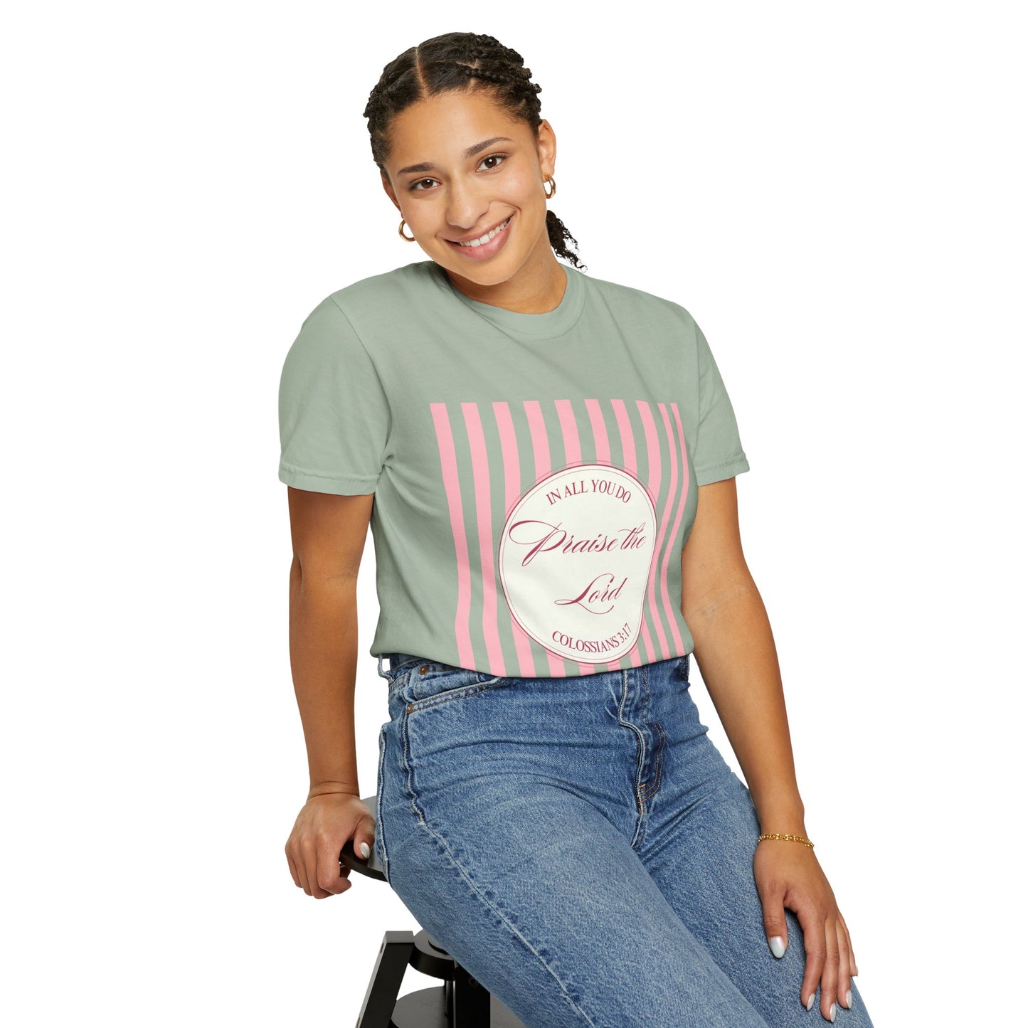 Praise the Lord T-Shirt — Pink Striped Christian Faith Tee (Colossians 3:17)