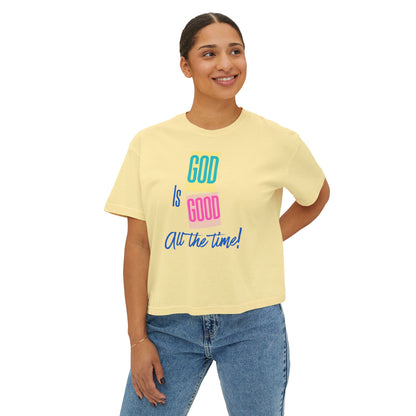 Women’s Boxy Tee — "God Is Good All the Time" Colorblock Faith Graphic