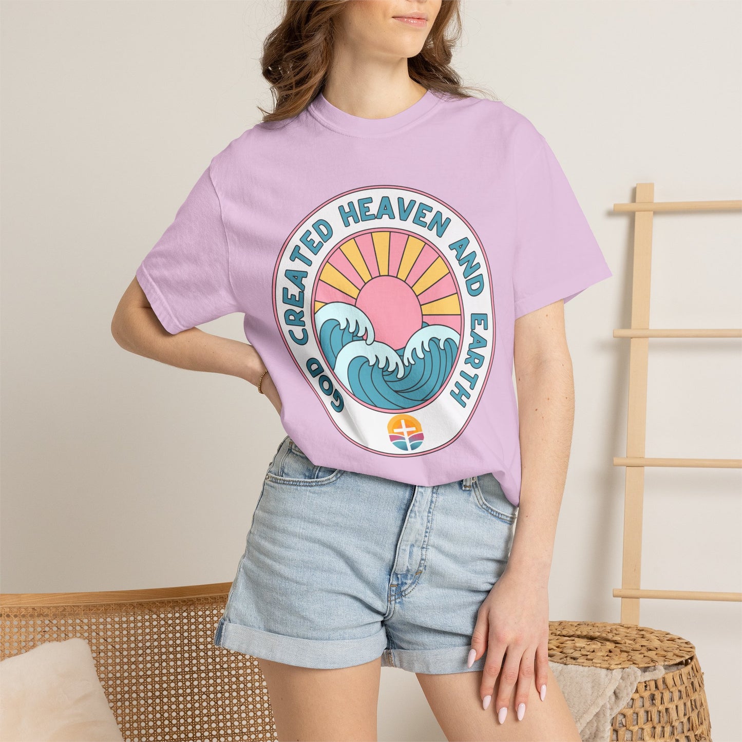 Faith Sunrise T-Shirt — "God Created Heaven and Earth" Retro Wave Tee