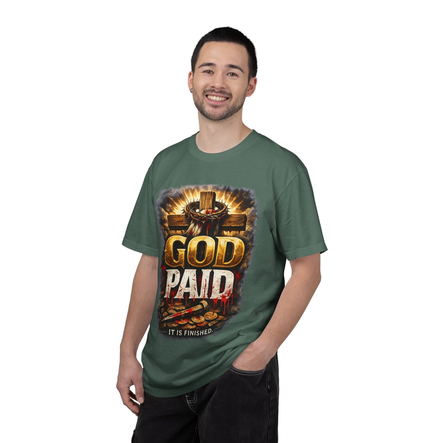 Christian T-Shirt "God Paid — It Is Finished" | Cross & Resurrection Faith Tee