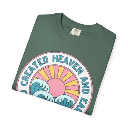 Faith Sunrise T-Shirt — "God Created Heaven and Earth" Retro Wave Tee