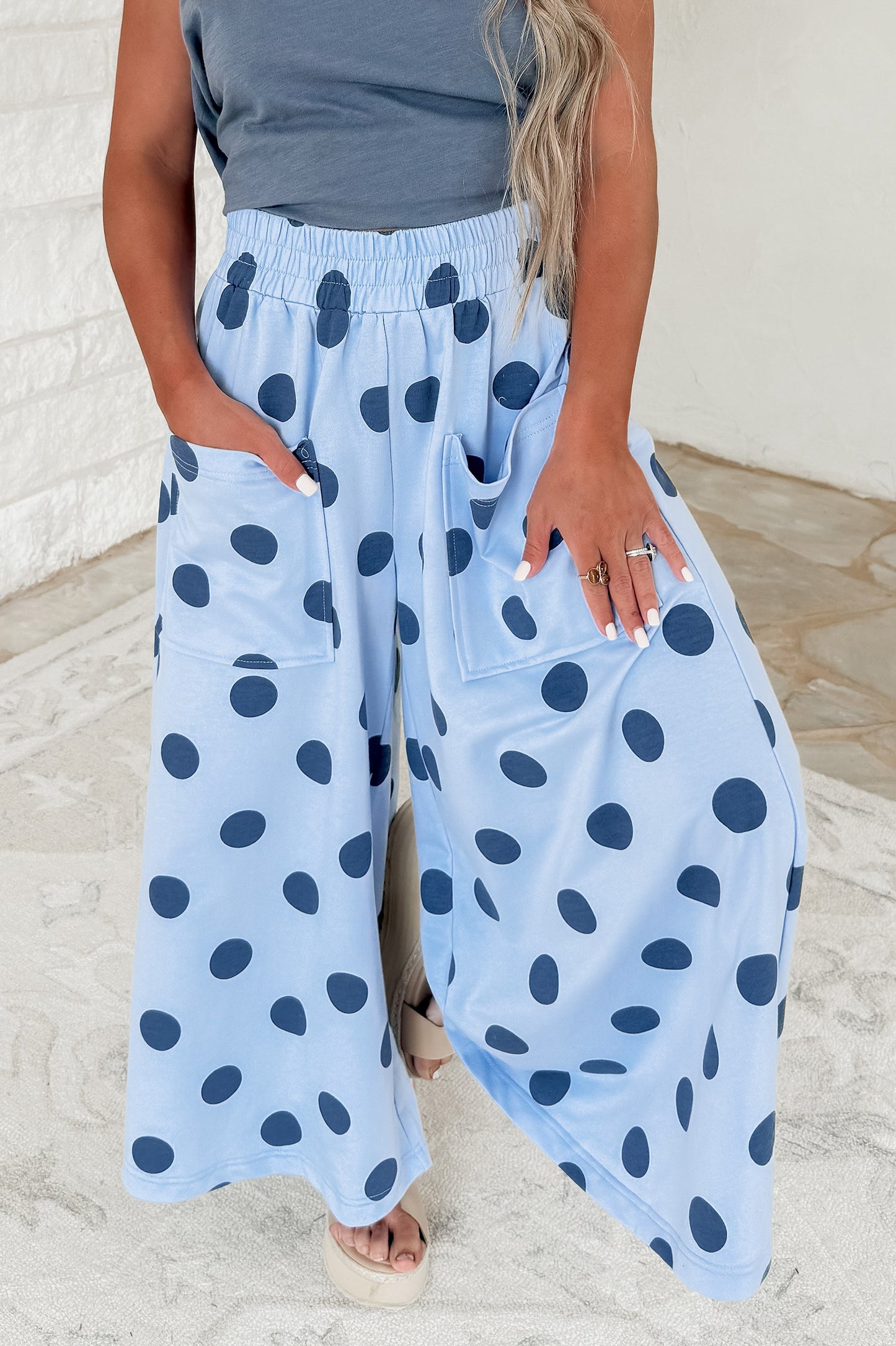Khaki Polka Dot Wide Leg Elastic Waist Casual Pants