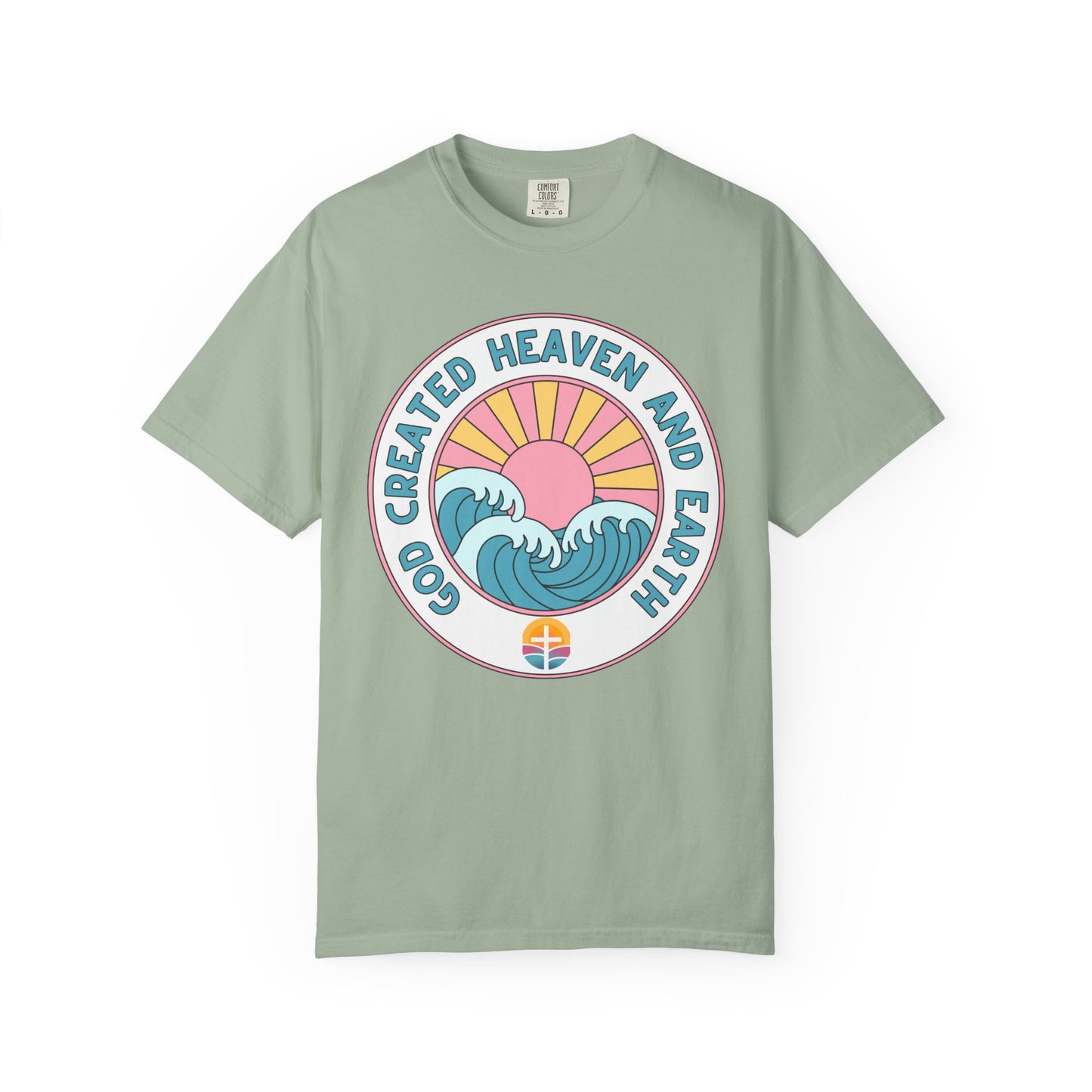 Faith Sunrise T-Shirt — "God Created Heaven and Earth" Retro Wave Tee