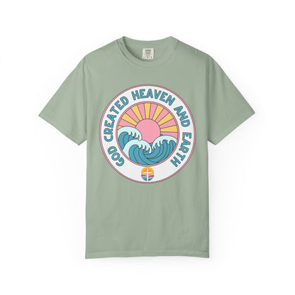 Faith Sunrise T-Shirt — "God Created Heaven and Earth" Retro Wave Tee