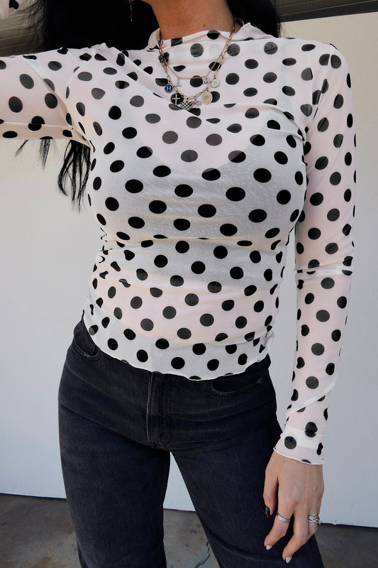 White Polka Dot Mesh Long Sleeve Stand Neck Sheath Top