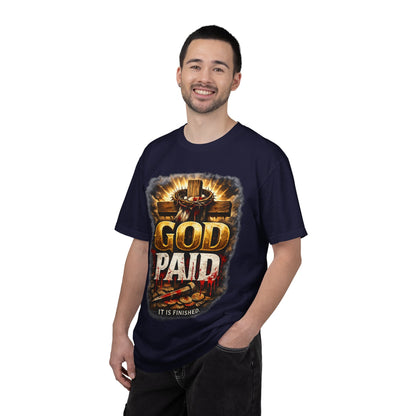 Christian T-Shirt "God Paid — It Is Finished" | Cross & Resurrection Faith Tee