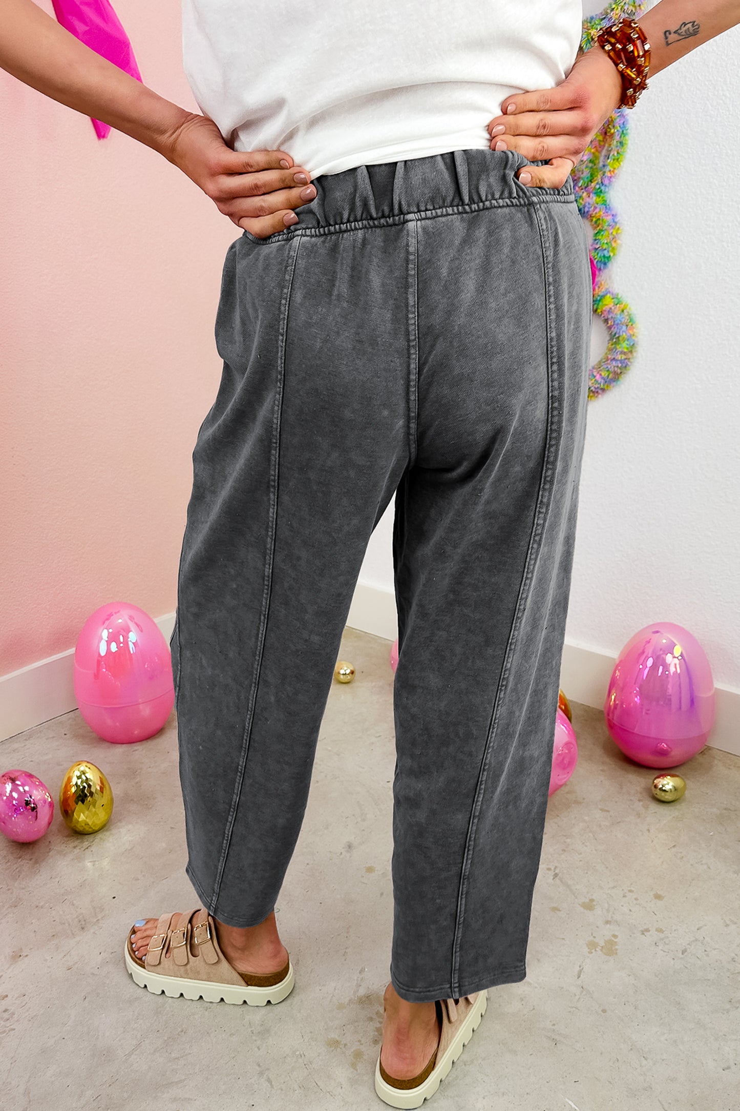 Coffee Mineral Wash Seam Detail Elastic Waist Barrel Pants