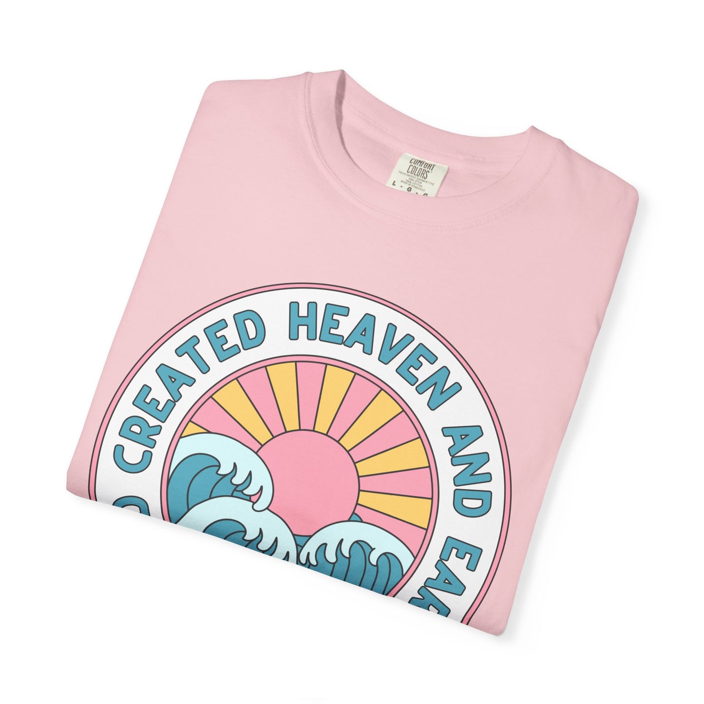 Faith Sunrise T-Shirt — "God Created Heaven and Earth" Retro Wave Tee