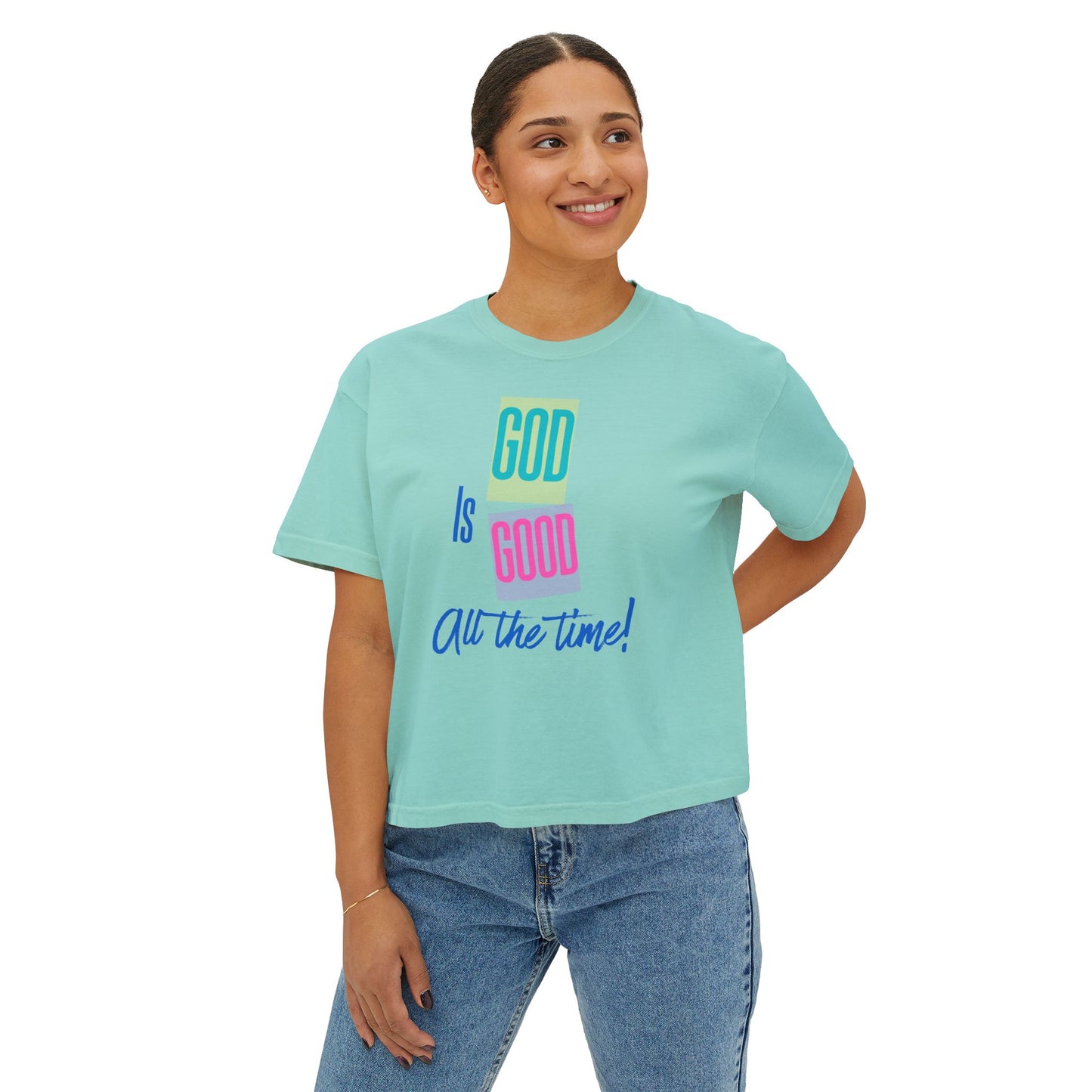 Women’s Boxy Tee — "God Is Good All the Time" Colorblock Faith Graphic