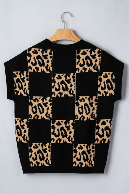 Red Leopard Checkerboard Short Sleeve Knit Sweater