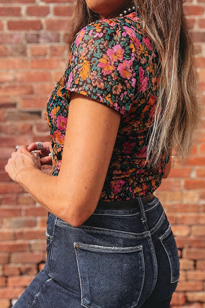 Camel Leopard Printed Mesh Short Sleeve Top