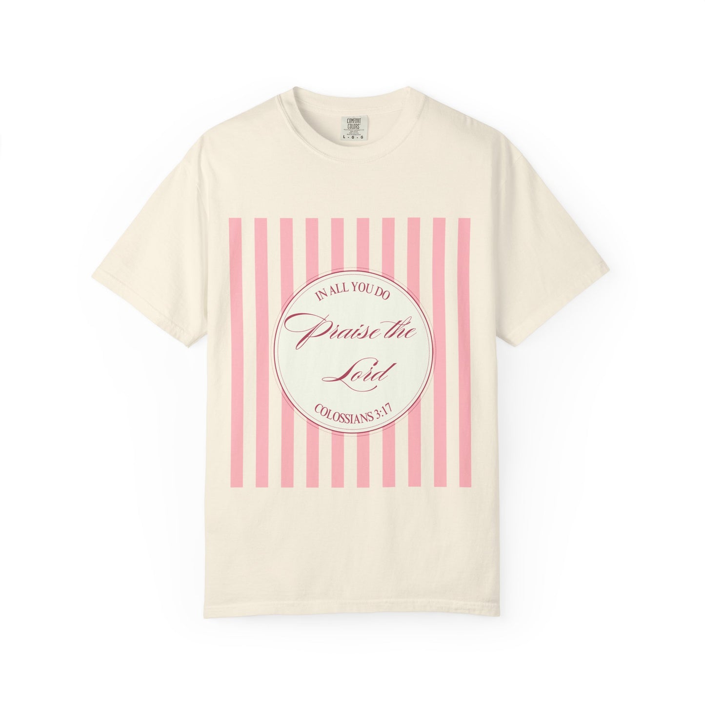 Praise the Lord T-Shirt — Pink Striped Christian Faith Tee (Colossians 3:17)