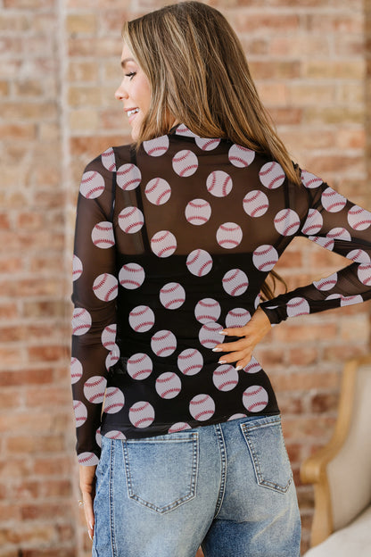 Black Baseball Game Day Sheer Mesh Long Sleeve Top