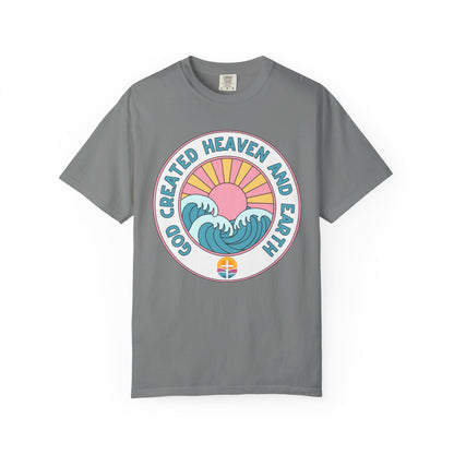 Faith Sunrise T-Shirt — "God Created Heaven and Earth" Retro Wave Tee