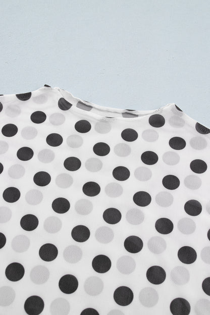 White Polka Dot Mesh Long Sleeve Stand Neck Sheath Top