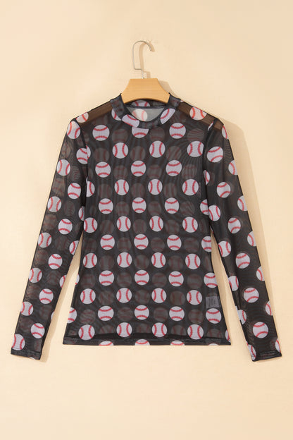 Black Baseball Game Day Sheer Mesh Long Sleeve Top