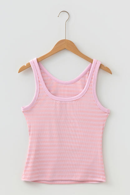 Pink Stripe Ribbed Knit Slim Tank Top