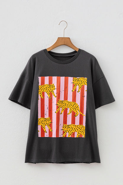Dark Grey Cheetah Striped Print Retro Fashion Graphic Tee