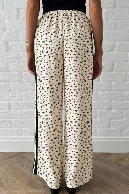 Beige Leopard Print Side Stripe Detail Loose Drawstring Pants