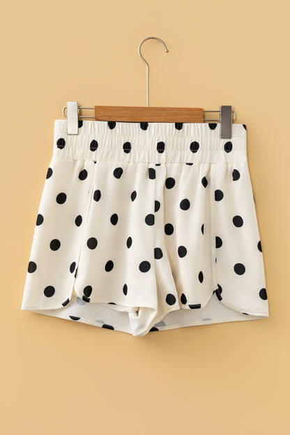 Apricot Polka Dot Print Shirred High Waist Casual Shorts