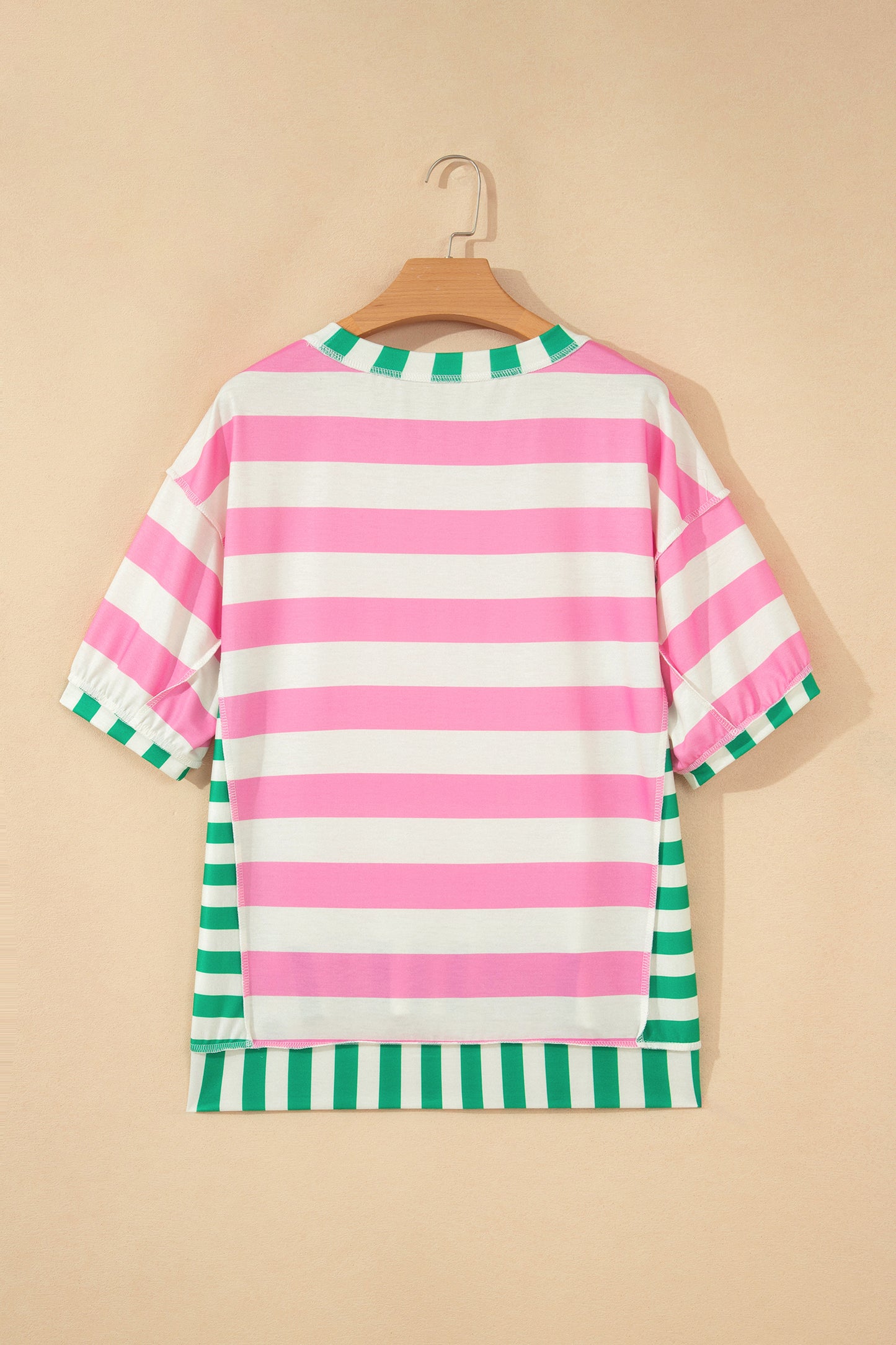 Pink Stripe Exposed Seam Contrast Patchwork Oversized Top