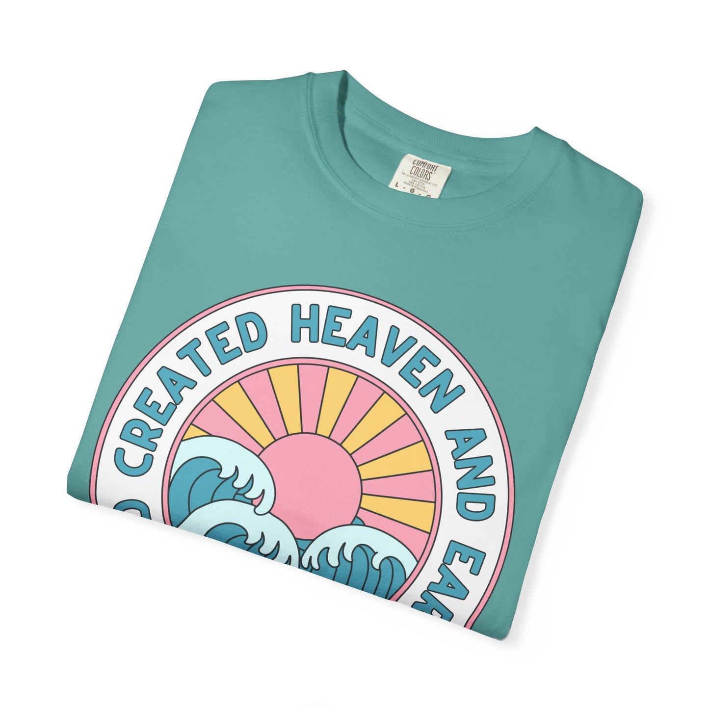 Faith Sunrise T-Shirt — "God Created Heaven and Earth" Retro Wave Tee
