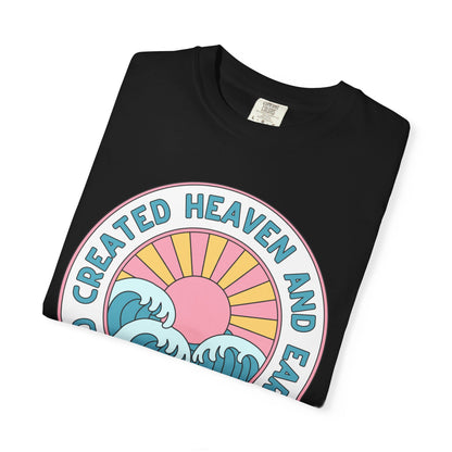Faith Sunrise T-Shirt — "God Created Heaven and Earth" Retro Wave Tee