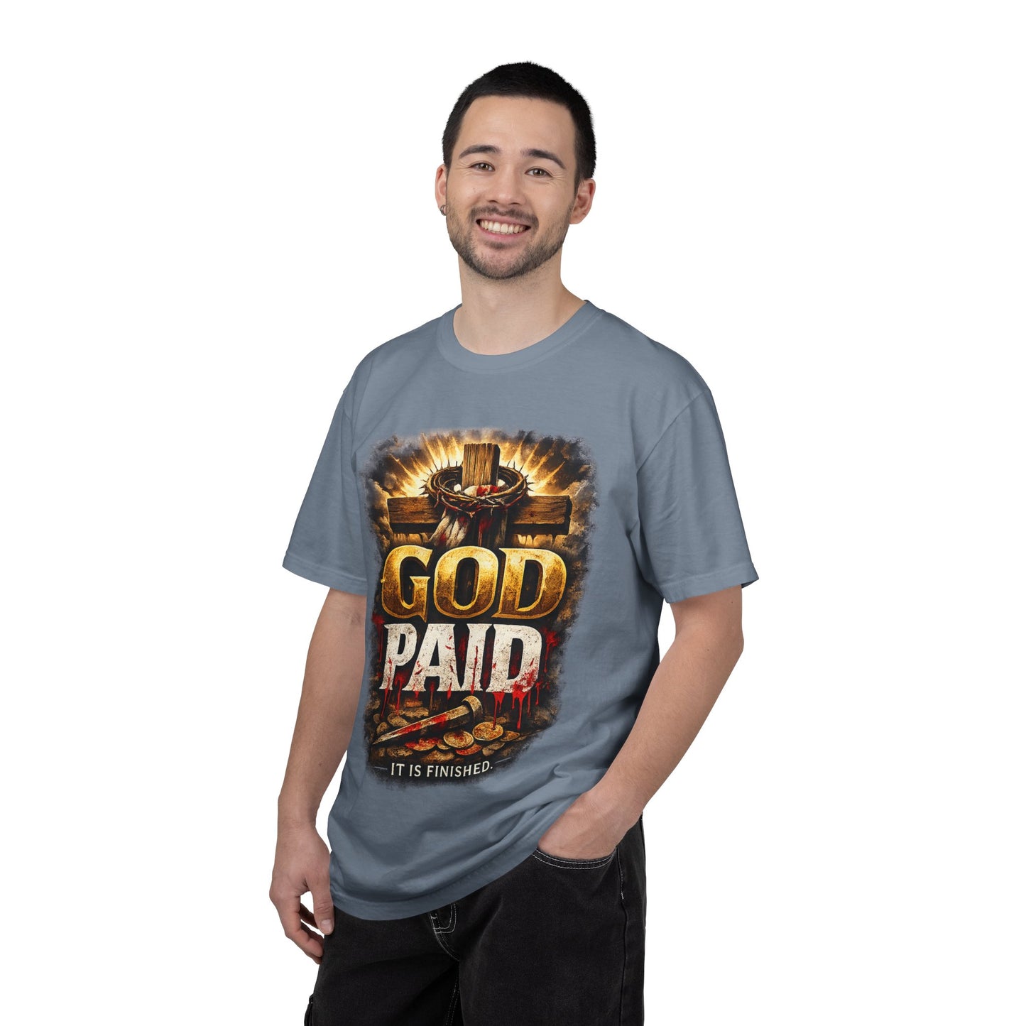 Christian T-Shirt "God Paid — It Is Finished" | Cross & Resurrection Faith Tee