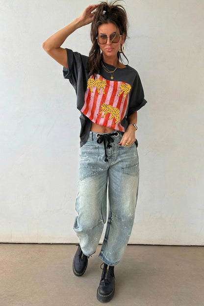 Dark Grey Cheetah Striped Print Retro Fashion Graphic Tee