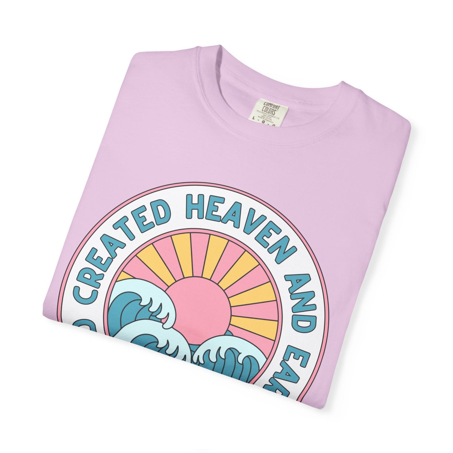 Faith Sunrise T-Shirt — "God Created Heaven and Earth" Retro Wave Tee
