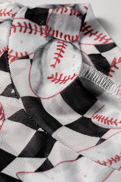 Black Checkered Baseball Bow Print High Neck Long Sleeve Mesh Top