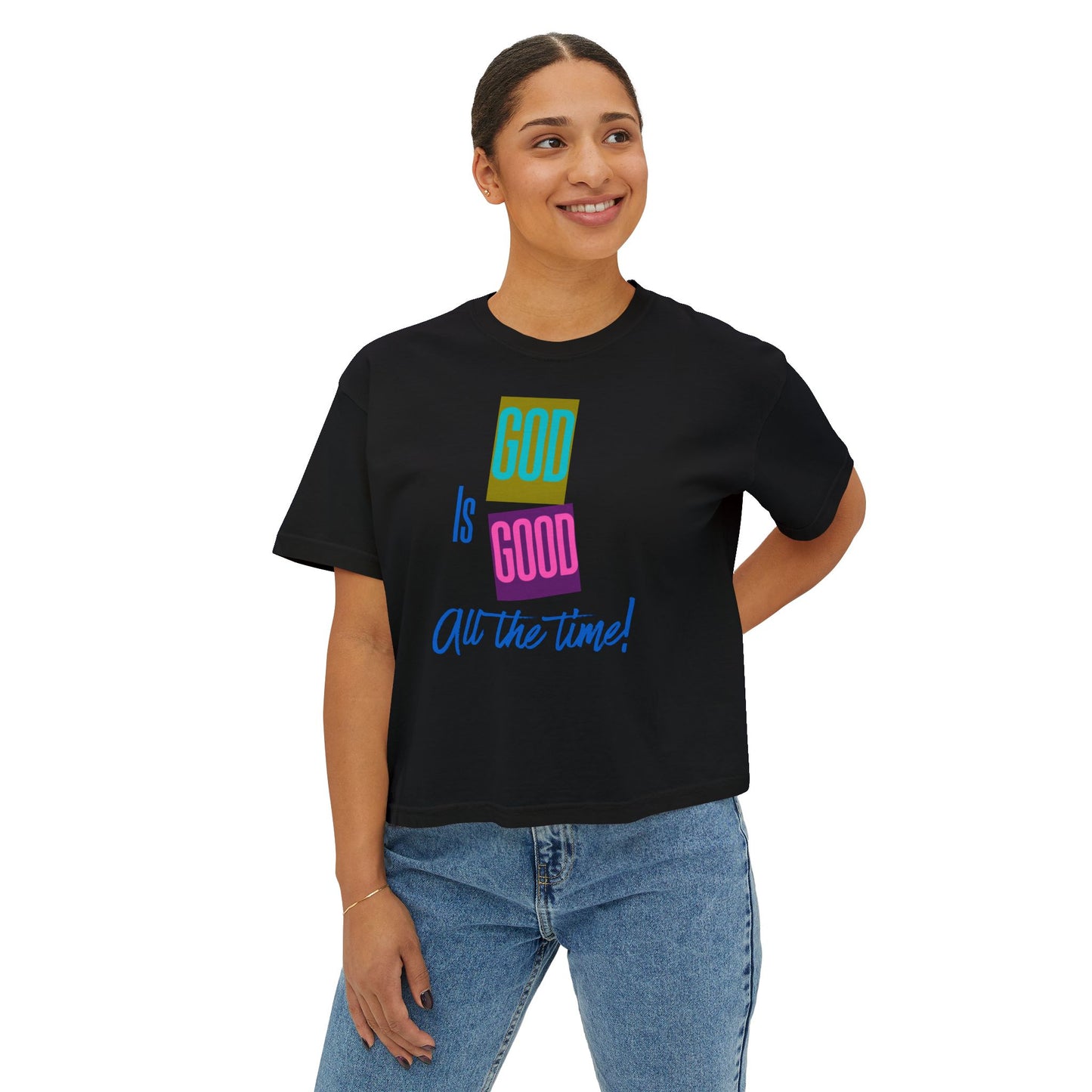 Women’s Boxy Tee — "God Is Good All the Time" Colorblock Faith Graphic