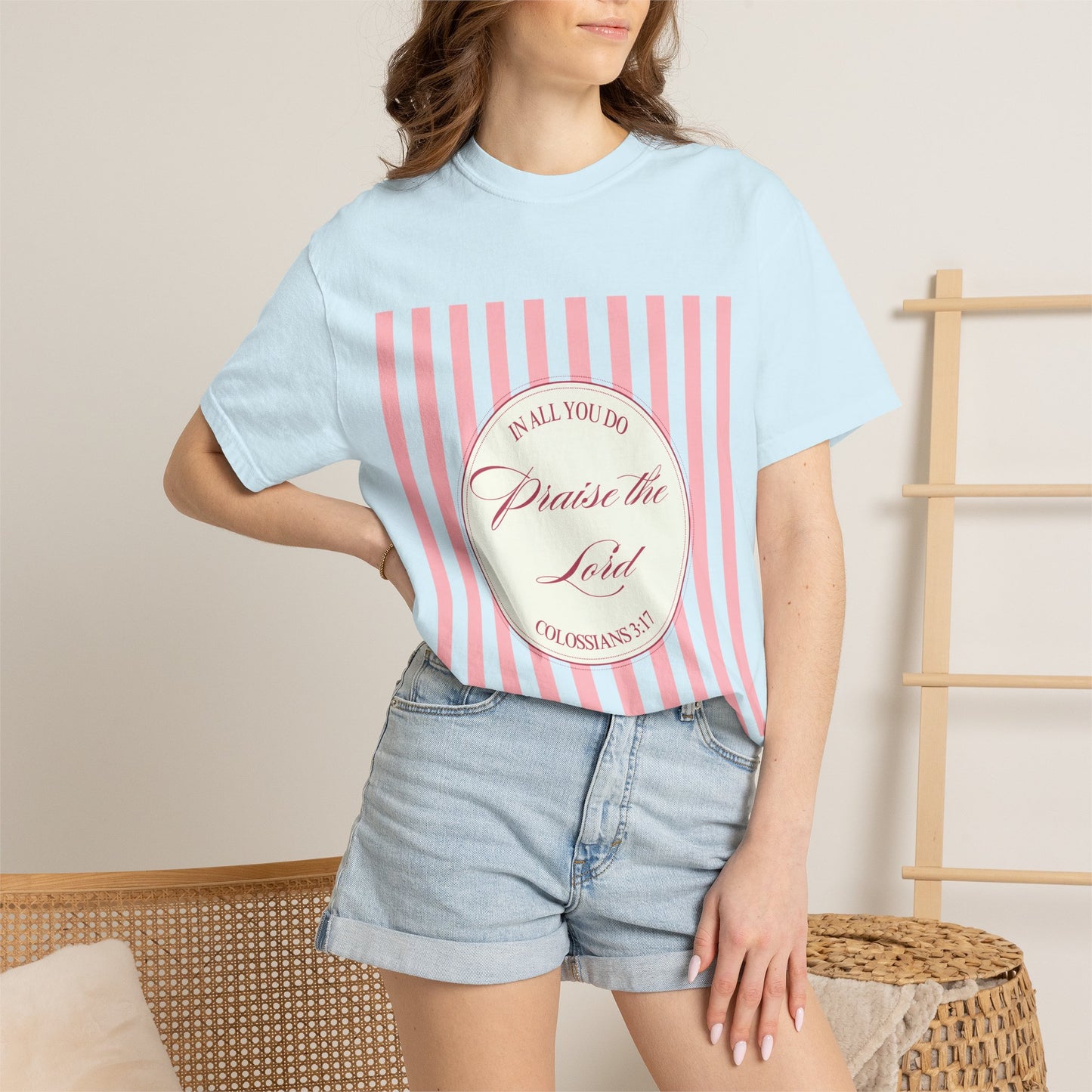 Praise the Lord T-Shirt — Pink Striped Christian Faith Tee (Colossians 3:17)