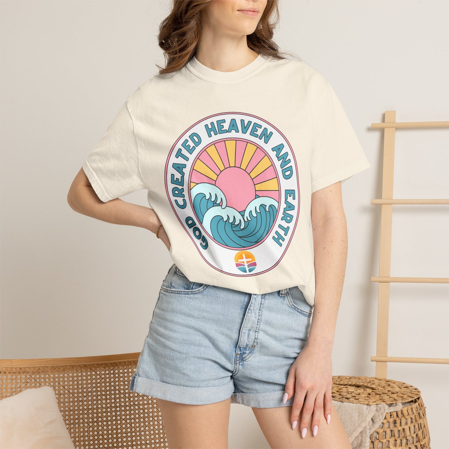 Faith Sunrise T-Shirt — "God Created Heaven and Earth" Retro Wave Tee