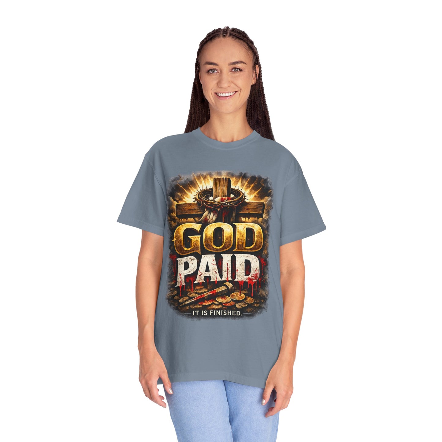 Christian T-Shirt "God Paid — It Is Finished" | Cross & Resurrection Faith Tee