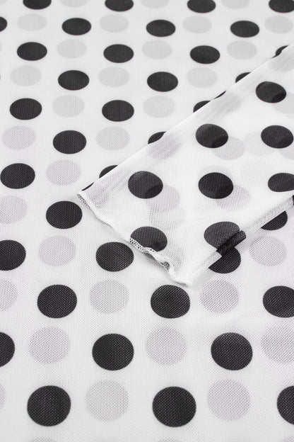 White Polka Dot Mesh Long Sleeve Stand Neck Sheath Top