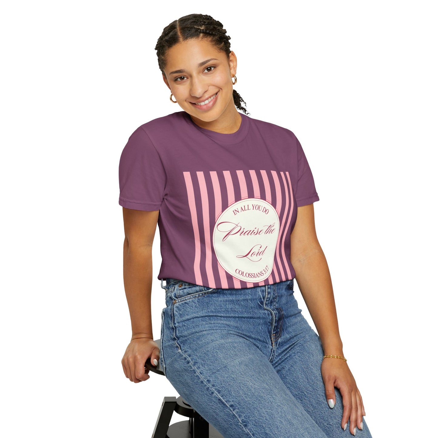 Praise the Lord T-Shirt — Pink Striped Christian Faith Tee (Colossians 3:17)