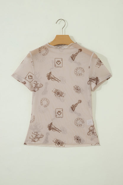 Camel Leopard Printed Mesh Short Sleeve Top
