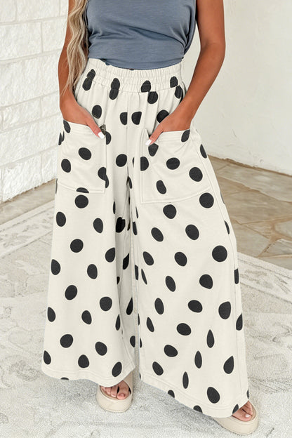 Khaki Polka Dot Wide Leg Elastic Waist Casual Pants