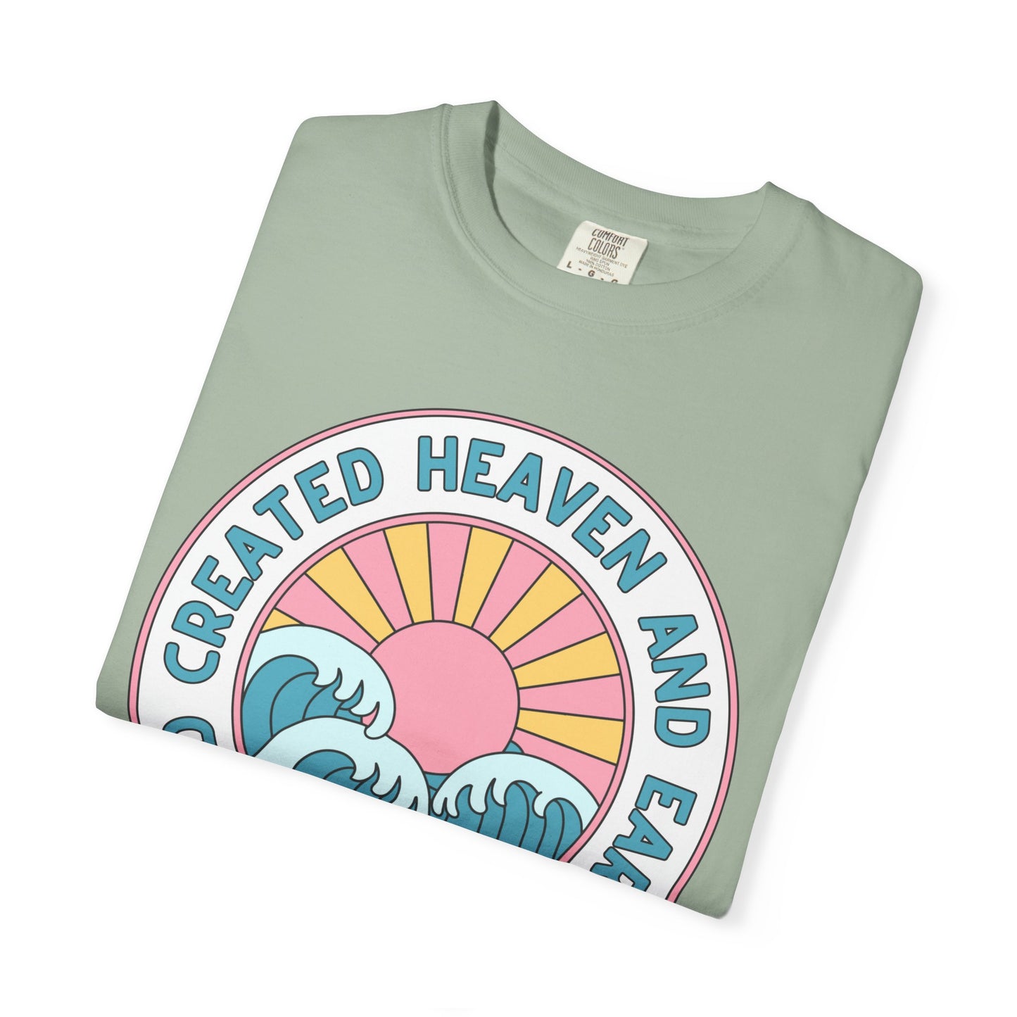 Faith Sunrise T-Shirt — "God Created Heaven and Earth" Retro Wave Tee