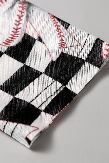 Black Checkered Baseball Bow Print High Neck Long Sleeve Mesh Top