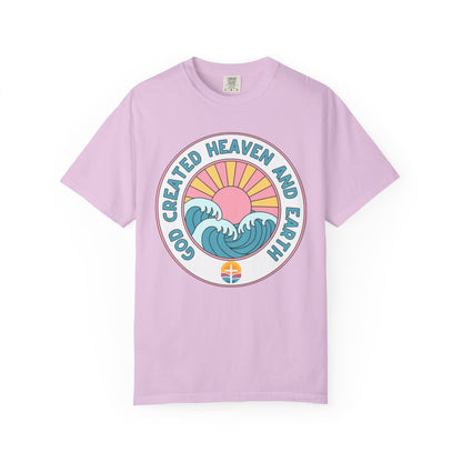 Faith Sunrise T-Shirt — "God Created Heaven and Earth" Retro Wave Tee