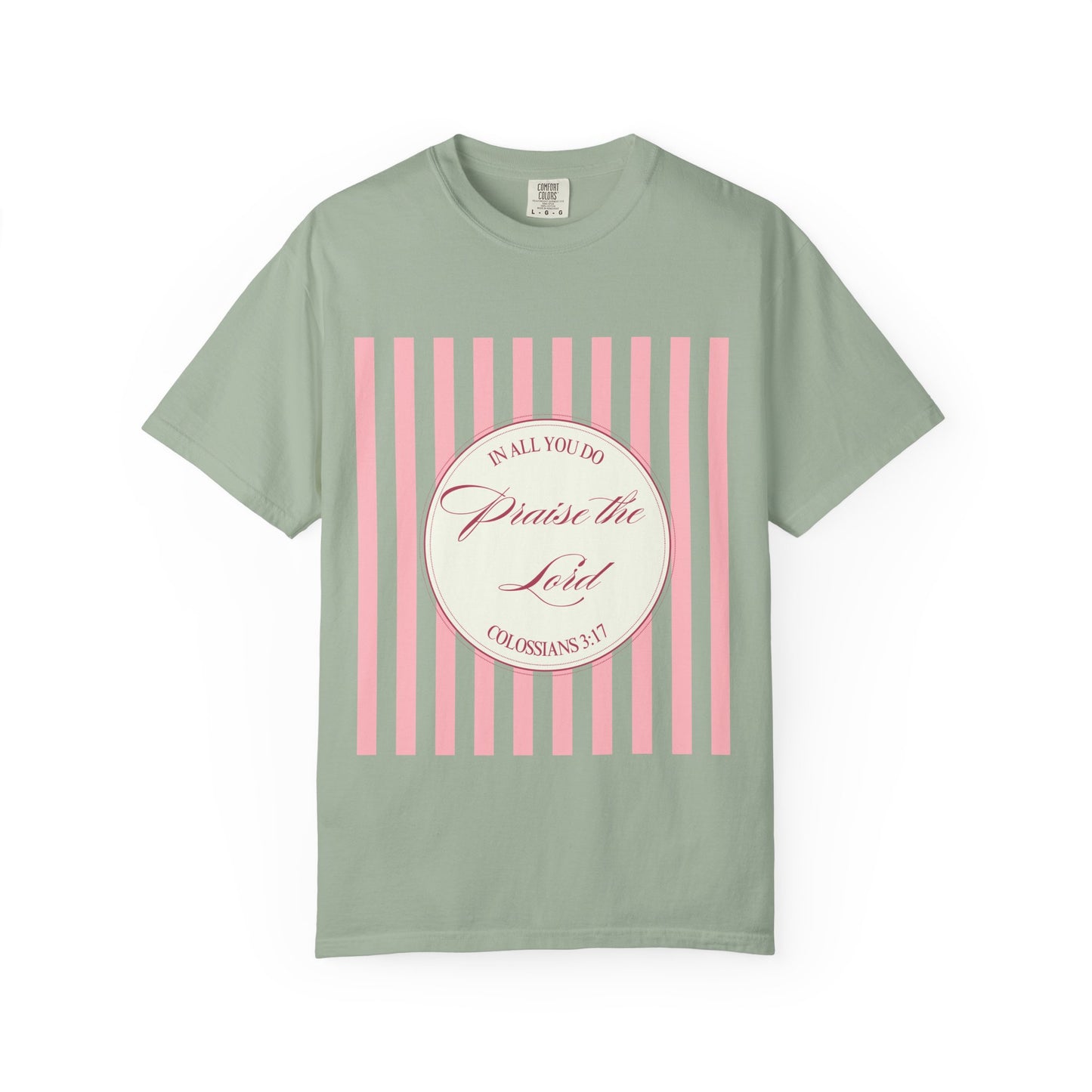 Praise the Lord T-Shirt — Pink Striped Christian Faith Tee (Colossians 3:17)