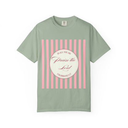 Praise the Lord T-Shirt — Pink Striped Christian Faith Tee (Colossians 3:17)