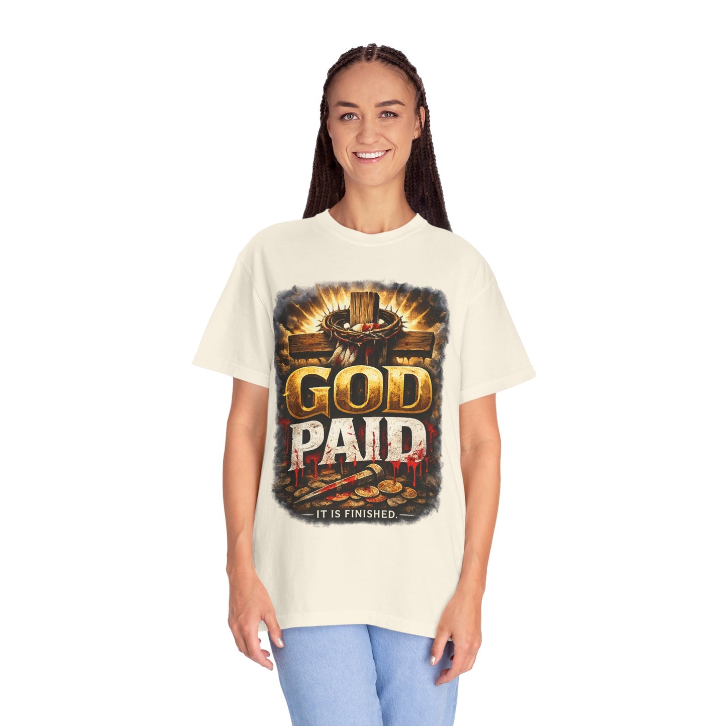 Christian T-Shirt "God Paid — It Is Finished" | Cross & Resurrection Faith Tee