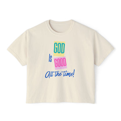Women’s Boxy Tee — "God Is Good All the Time" Colorblock Faith Graphic