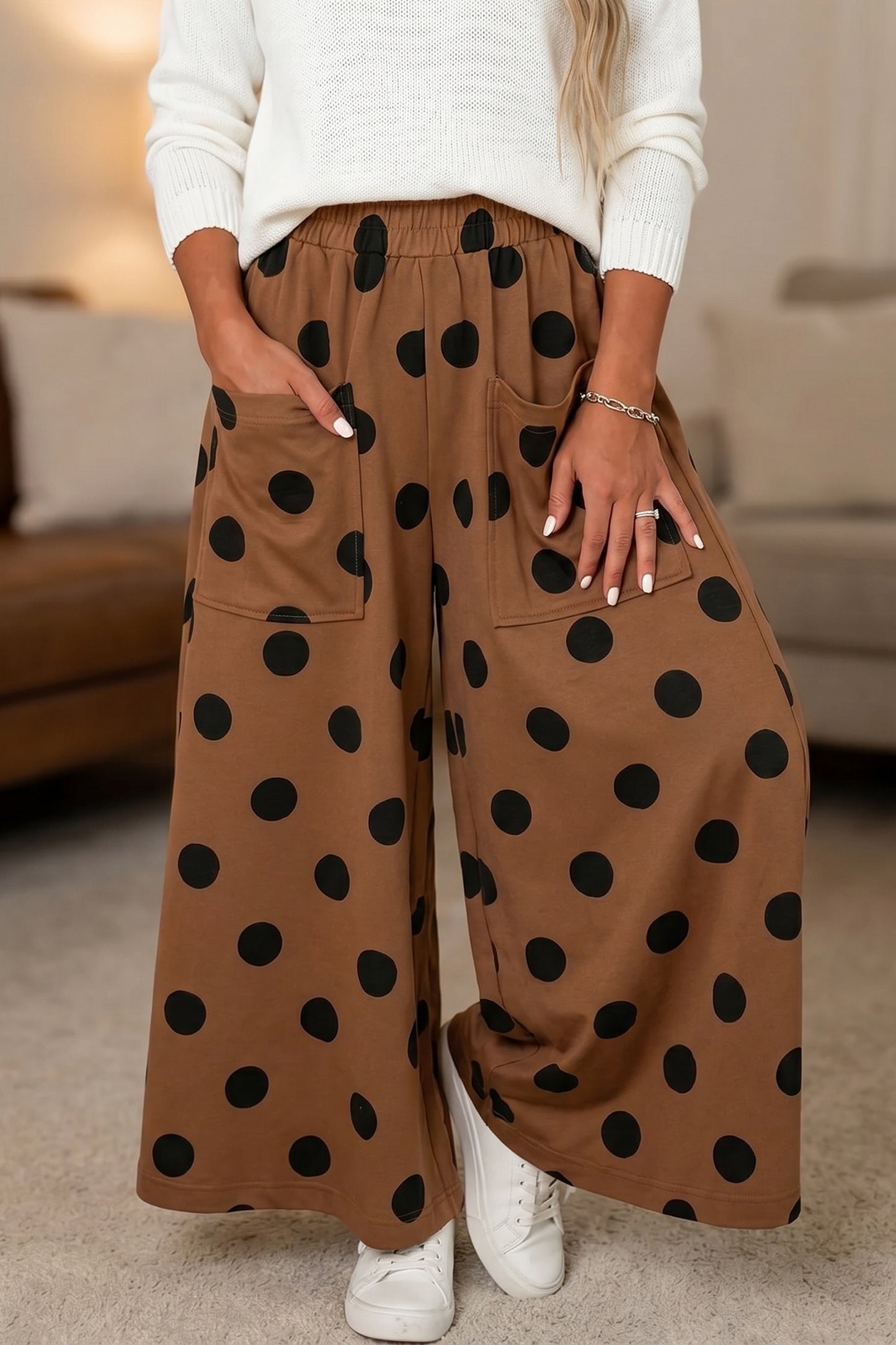 Khaki Polka Dot Wide Leg Elastic Waist Casual Pants