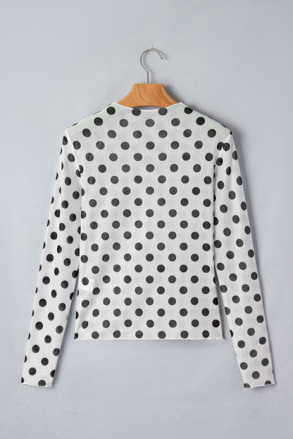 White Polka Dot Mesh Long Sleeve Stand Neck Sheath Top