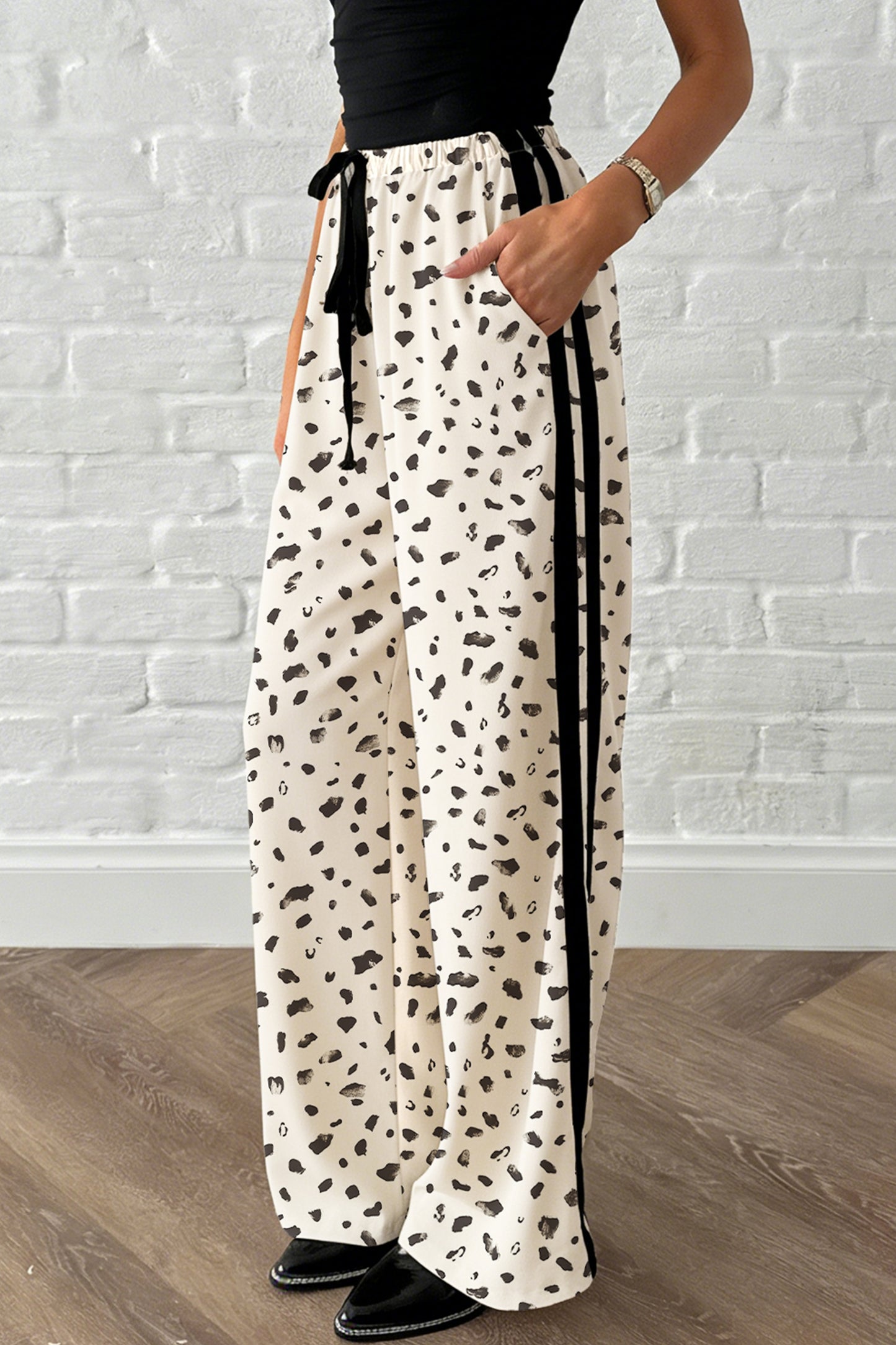 Beige Leopard Print Side Stripe Detail Loose Drawstring Pants