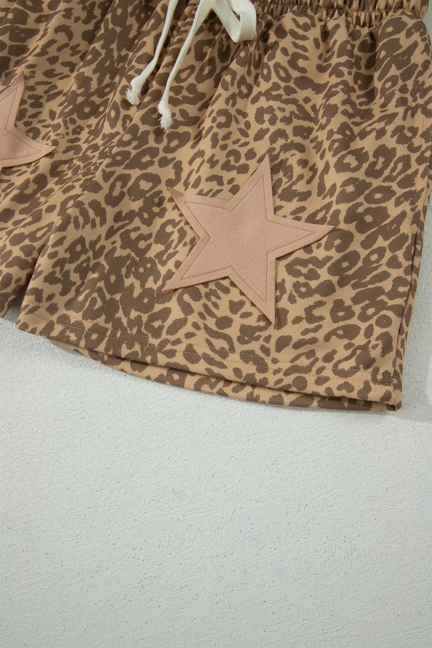 Khaki Leopard Drawstring Elastic Waist Star Patched Shorts